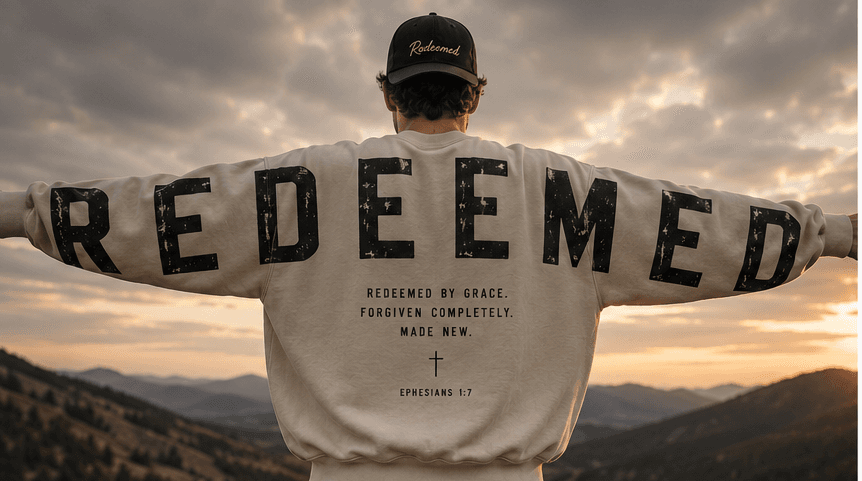 REDEEMED — Washed Black crewneck, arm-span back view with Ephesians 1:7