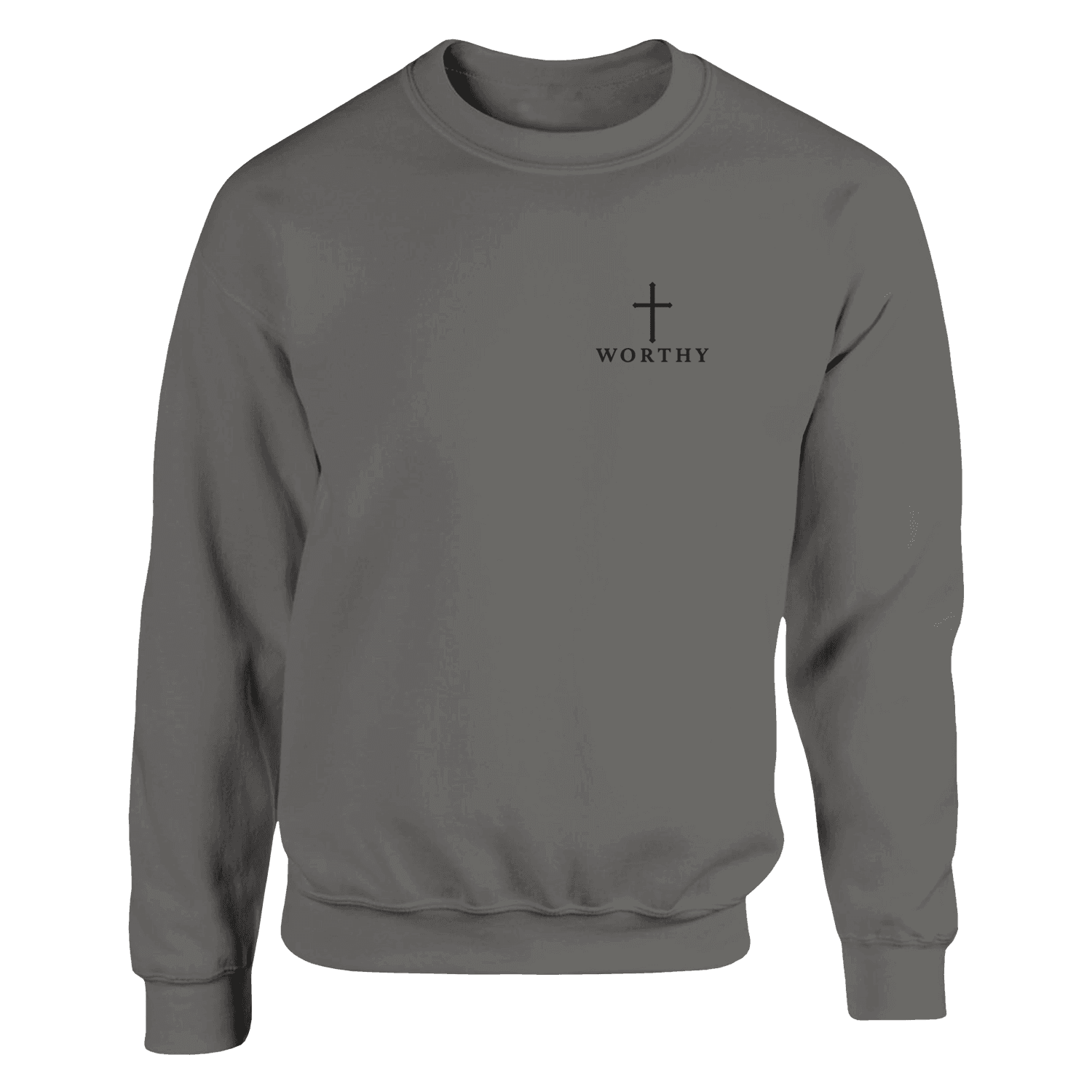 WORTHY crewneck front view — left chest cross with WORTHY beneath